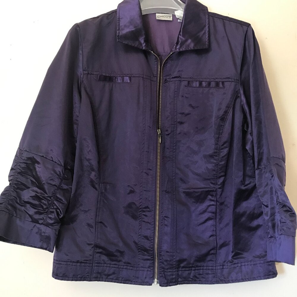 Chico's Chelsea Jacket Full-Zip 3/4 Ruched Sleeve Purple Satin Stretch Women's
